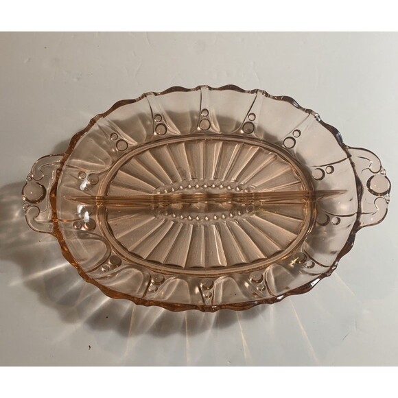 VINTAGE Hocking Depression Glass PINK Serving / Relish Bowl Dish Oyster & Pearl - Picture 5 of 11